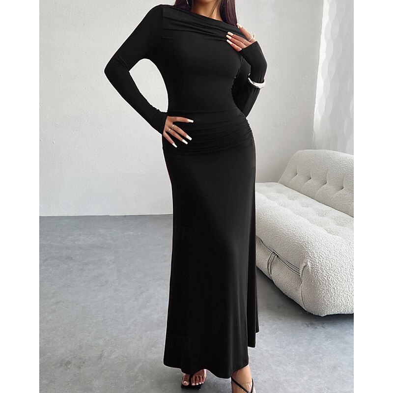 Women's Long Dress Maxi Dress Black Dress Party Dress Cocktail Dress Satin Dress Elegant Fashion Modern Party Special Occasion Evening Party Regular Fit Plain Long Sleeve Crew Neck Black Wine Brown3
