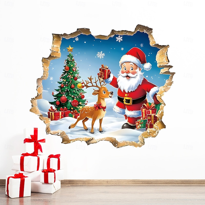 Christmas Sticker Wall Decals Creative 3D Broken Wall Cartoon Santa Claus Removable Vinyl Mural Holiday Party Living Room Office Background Wall Decoration Home Festival Atmosphere4