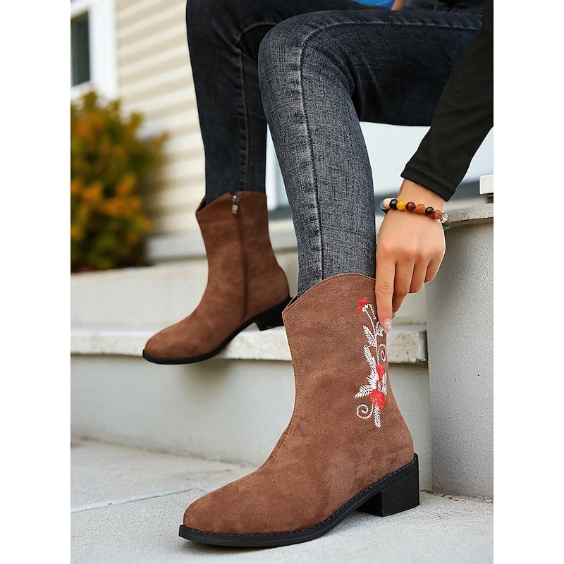 Women's Brown Floral Embroidered Booties – Faux Suede Zipper Mid Calf Ankle Boots Boho Outfits and Casual Wear