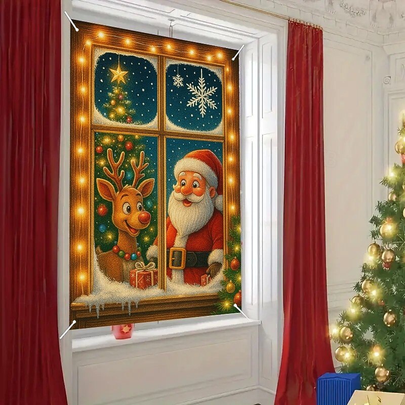 Christmas Santa with Reindeer Curtain, 2025 Xmas Festive Window Curtain Door Cover for Holiday Home Decor, Kids Room, Party Hanging Tapestry4
