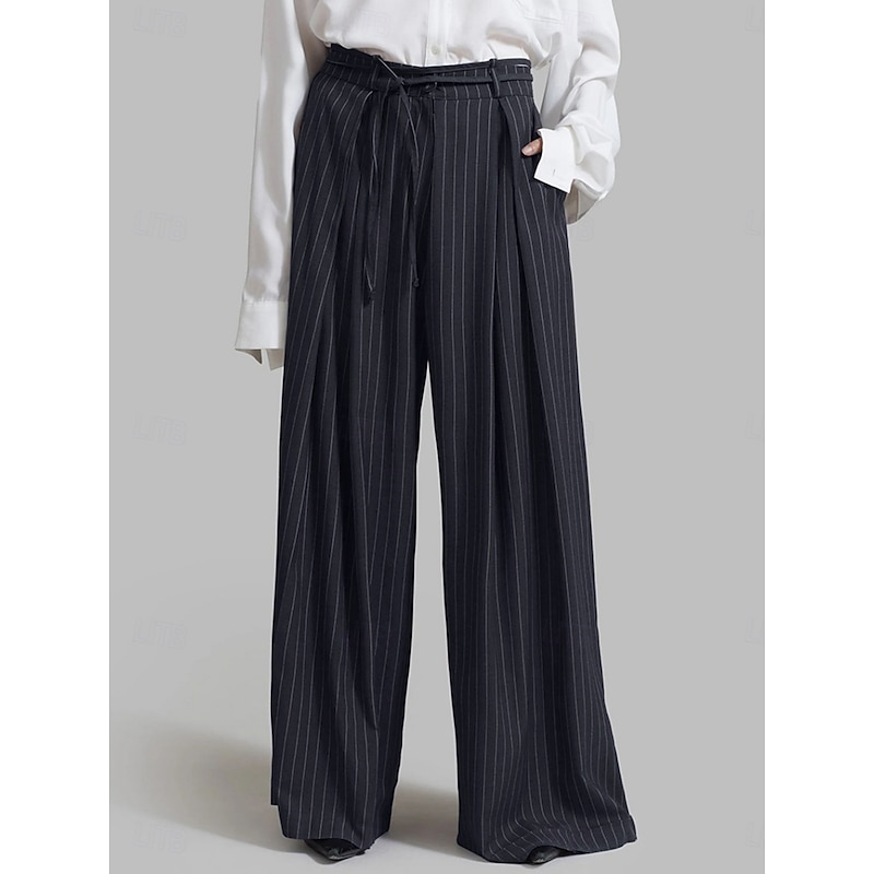 Women's Wide Leg Chinos Vacation Fashion Streetwear Full Length High Waist Striped Pocket Elastic Waistband Printing Comfy Soft Comfortable Stretchy Outdoor Street Navy-blue Spring Fall Loose Fit3