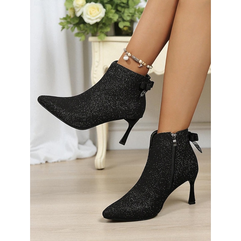 Women's Glitter Ankle Boots with Pointed Toe and Kitten Heel - Elegant Black Side-Zip Booties with Bow Detail for Parties, Date Nights and Holiday Events2