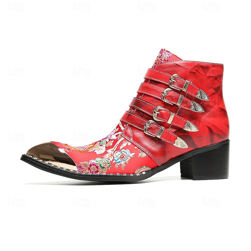 Men's Genuine Cowhide Leather Red Floral Buckle Ankle Boots – Gothic Punk Style Stage and Fashion Party Shoes3