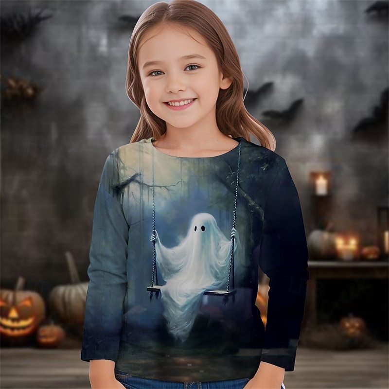 Halloween Girls' 3D Skull Ghost T shirt Tee Long Sleeve Spring Fall Fashion Basic Kids 4-12 Years Crew Neck Outdoor Casual Daily Regular Fit3