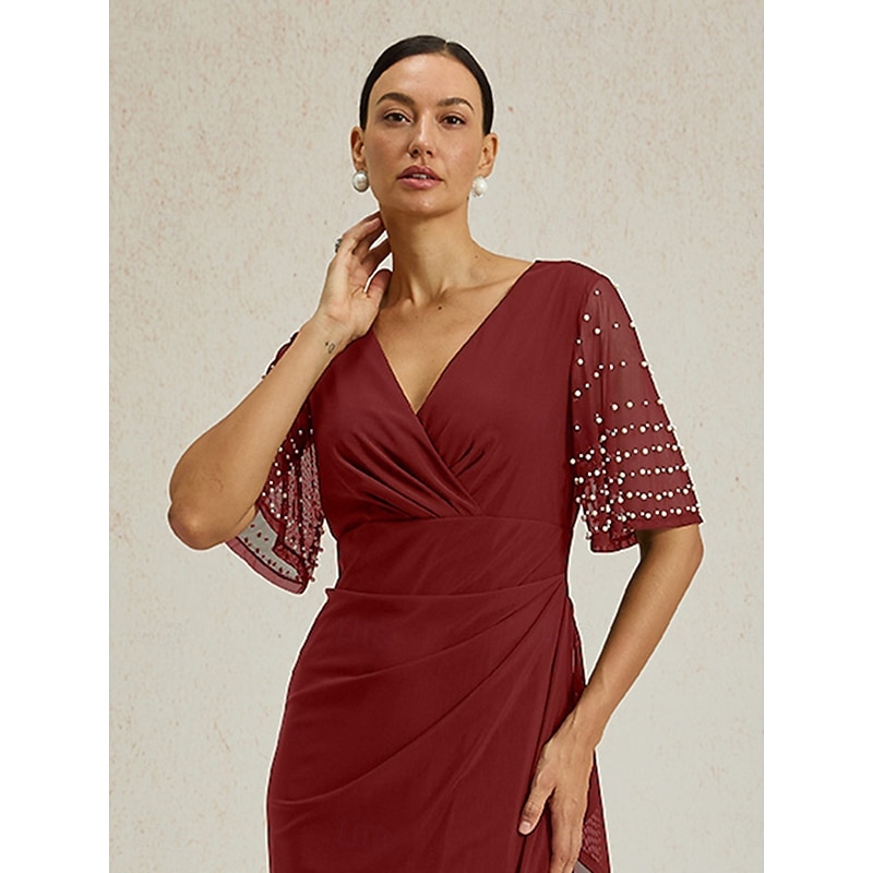 Women's Maxi Dress Sheath Dress Elegant Wedding Guest Evening Party Cocktail Party Regular Fit Solid Color Short Sleeve V Neck Red Summer Spring Fall3