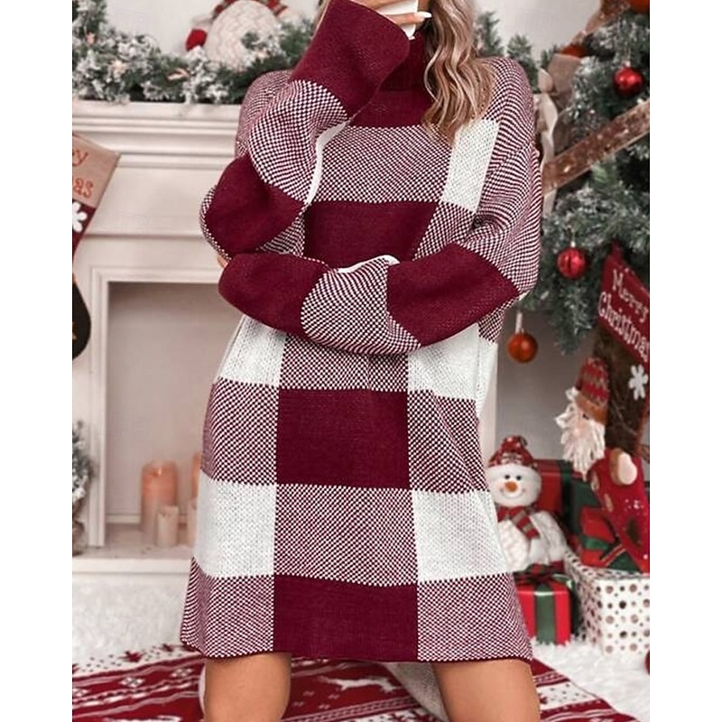 Women's Sweater Pullover Fashion Casual Checkered Ribbed Turtleneck Knitted Long Sleeve Long Tops Knit Christmas Outdoor Daily Red Fall Winter