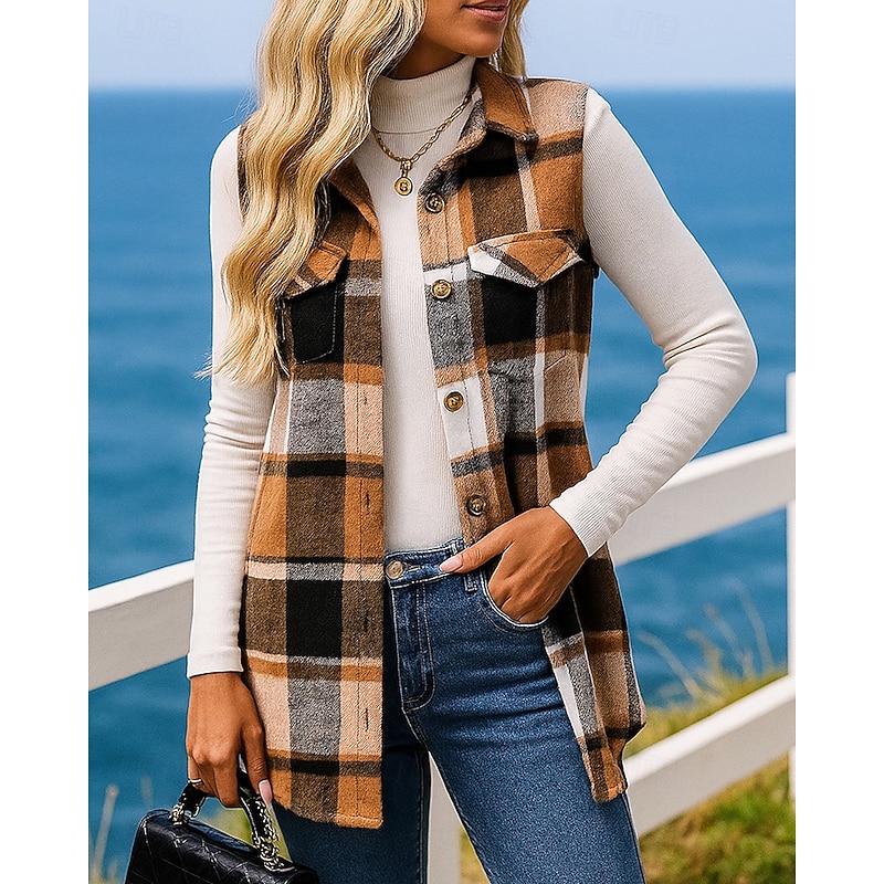 Women's Fleece Vest Buttons Sleeveless Top Athleisure Plaid Checkered Fashion Warm Outdoor Travel Sports Sportswear Activewear Red Green Khaki4