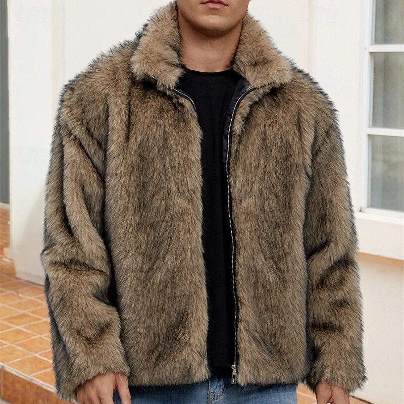 Men's Casual Jacket Faux Fur Coat Vacation Daily Thermal Warm Plush Fall Winter Plain Fashion Streetwear Standing Collar Regular Black White Yellow Royal Blue Camel Jacket