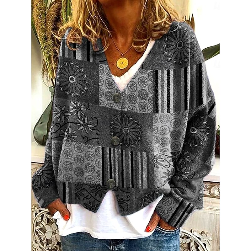 Women's Sweater Cardigan Elegant Vintage Fashion Floral Geometric Striped V Neck Patchwork Pocket Knitted Long Sleeve Regular Tops Knit Outdoor Daily Weekend Wine Red Brown Fall Winter3
