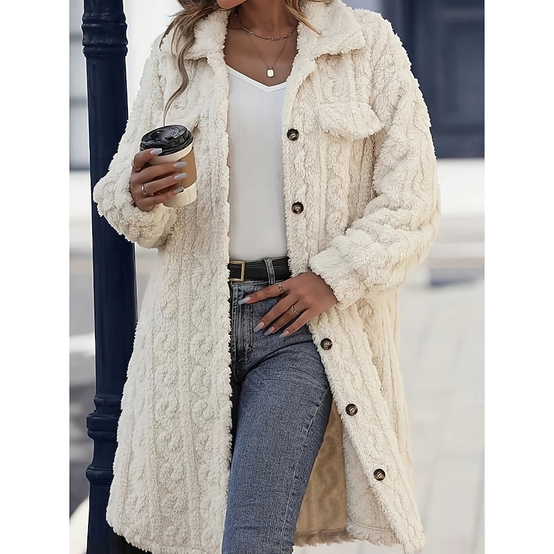 Women's Winter Coat Sherpa Jacket Comfortable Breathable Buttons Casual Plain Vacation Street Casual Daily Wear Single Breasted Long Turndown Regular Fit Long Sleeve Outerwear White Spring Fall3
