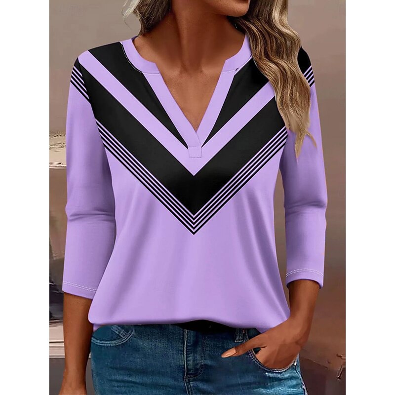 Women's T Shirt Graphic Geometric Vintage Stylish Classic Long Sleeve V Neck Notched Neck Regular Tops Daily Print Pink Blue Purple Green Spring Fall Winter2