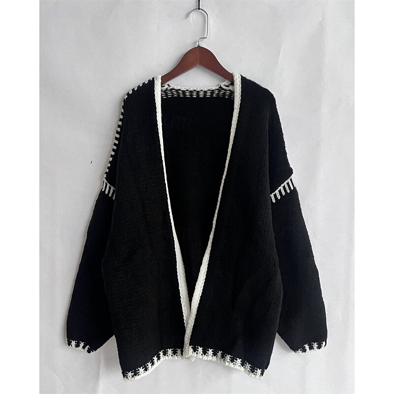 Women's Sweater Cardigan Streetwear Casual Color Block Crew Neck Patchwork Knitted Long Sleeve Regular Tops Knit Holiday Going out Weekend Black Pink Fall Winter3