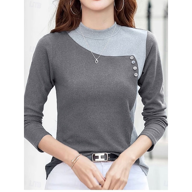 Women's Blouse Geometric Stylish Casual Long Sleeve High Neck Regular Tops Daily Patchwork Black Brown Gray Spring Fall Winter2