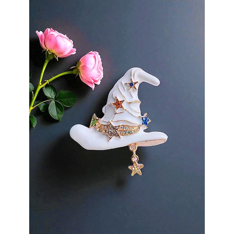 Women's Halloween Witch Hat Brooch Set - 2pcs Black and White Enamel Pin Badges with Star Charms for Costume Party Accessories4