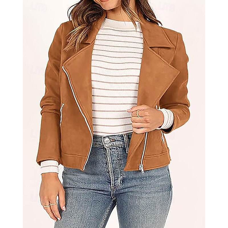 Women's Faux Leather Jacket Warm Comfortable Zipper Pocket Fashion Casual Plain Vacation Street Casual Daily Wear Short Turndown Regular Fit Long Sleeve Outerwear Black Navy Blue Camel Fall Winter2