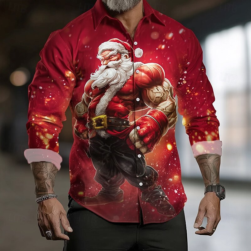 Christmas Men's Muscle Santa Claus Christmas Hats Shirt Button Up Shirt Long Sleeve Funny Outdoor Holiday Spring Fall Turndown 3D Print Collared Shirts Red 1 Red2