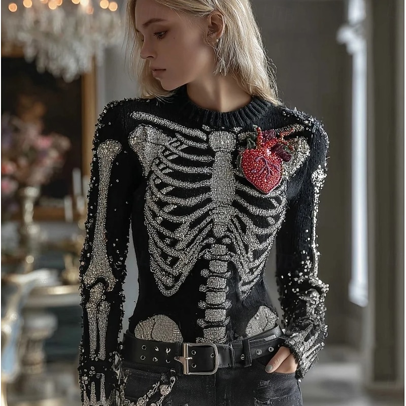 Halloween Women's Sweater Skeleton  Cute Streetwear Casual Graphic Skeleton Crew Neck Knitted Long Sleeve Regular Tops KnitWhite Pink Fall Winter
