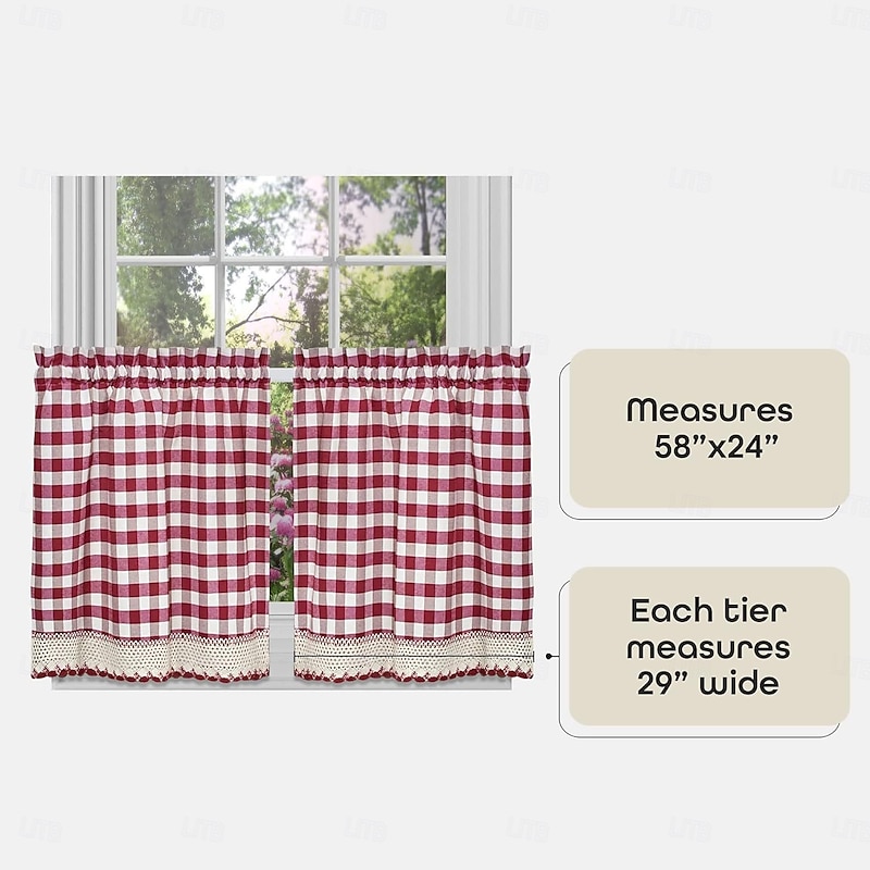 Cafe Curtains with Lace, Christmas Red Checkered Kitchen Short Curtains, Rod Pocket Window Valance Drapes for Café, Bathroom, or Living Room Decor4