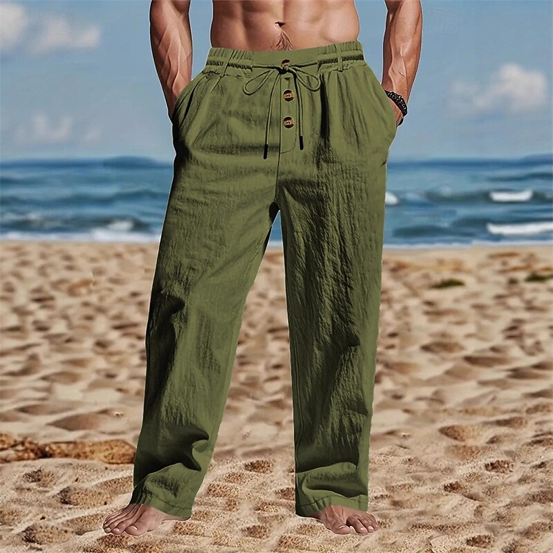 Men's Linen Pants Trousers Summer Pants Beach Pants Pocket Buttons Plain Comfort Breathable Vacation Daily Holiday Hawaiian Boho Black White4