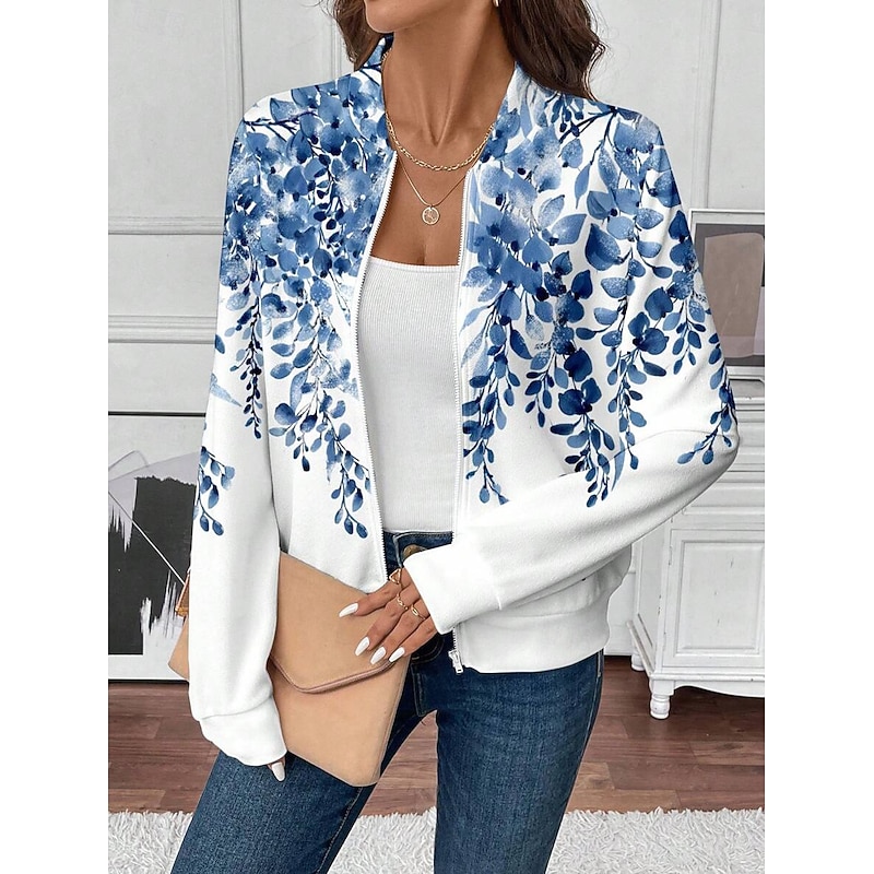 Women's Casual Jacket Warm Quick Dry Zipper Pocket Elegant Fashion Daily Simple Floral Vacation Casual Daily Holiday Short Baseball Collar Regular Fit Long Sleeve Outerwear Blue Green Spring Fall3