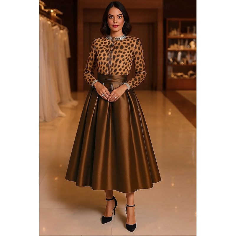 Leopard Print A-Line Cocktail Dresses Elegant Formal Dress Formal Wedding Tea Length Midi Length Long Sleeve Crew Neck Chiffon with Pleats Crystals Embellished 20254