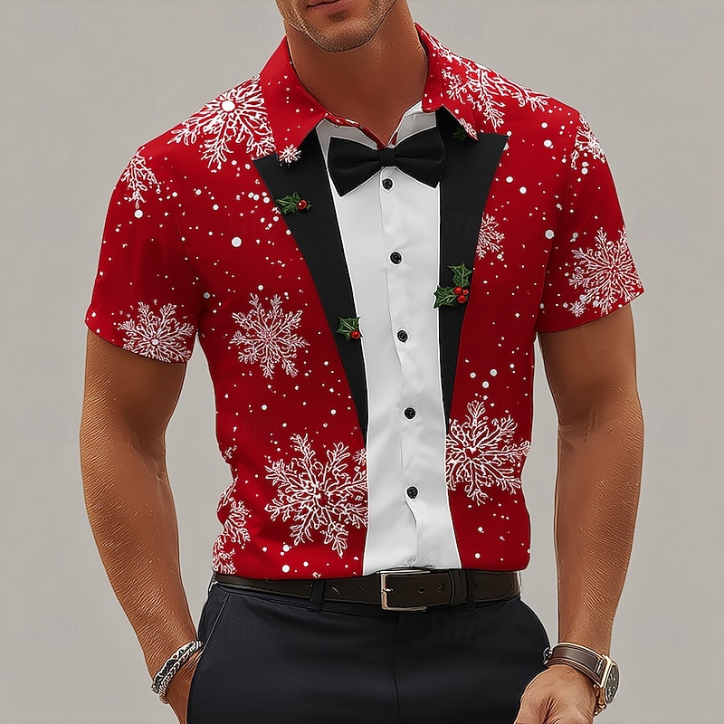 Christmas Men's Snowflake Bow tie Christmas Costume Shirt Button Up Shirt Short Sleeve Fashion Casual Outdoor Holiday Summer Spring Turndown 3D Print Collared Shirts Red 1 Red2