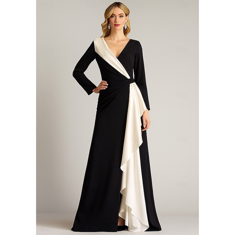 A-Line Evening Gown Elegant Formal Dress Formal Wedding Floor Length Long Sleeve V Neck Belt / Sash Stretch Crepe with Pleats 2025