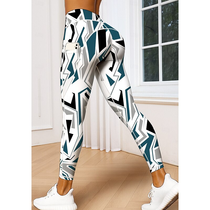 Women's Unisex pilates leggings fitness pants Gym Leggings Pockets Stamp Duty Side Pockets Pilates Gym Gym Workout Pants Tights Leggings Geometry Blue and White Sports Activewear Stretchy Skinny3