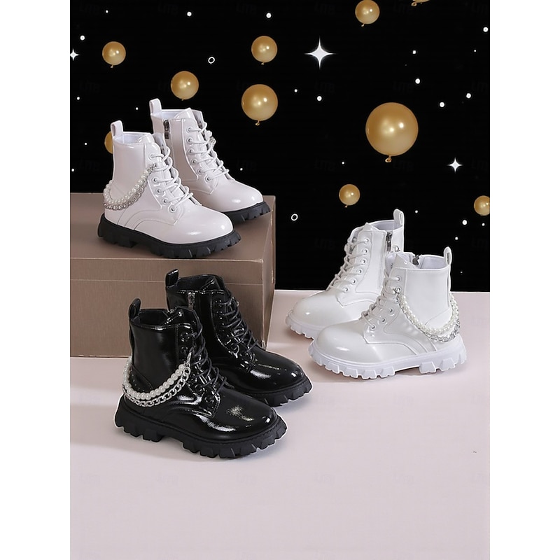 Korean Idol Inspired Pop Star Costume Shoes Girls' Combat Boots with Chunky Sole Lace-Up Design and Pearl Chain Detail for Fashion Outfits and Casual Wear3