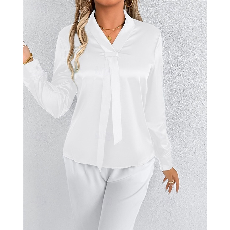 Women's Shirt Elegant Dressy Satin Solid Color Stylish Casual Long Sleeve V Neck Regular Tops Daily Going out Tie Front Black White Spring Fall4
