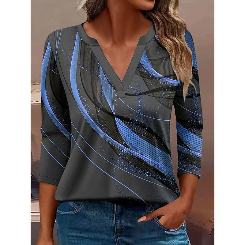 Women's T Shirt Graphic Geometric Abstract Vintage Stylish Classic Long Sleeve V Neck Notched Neck Regular Tops Daily Print Blue Purple Gold Green Spring Fall Winter2