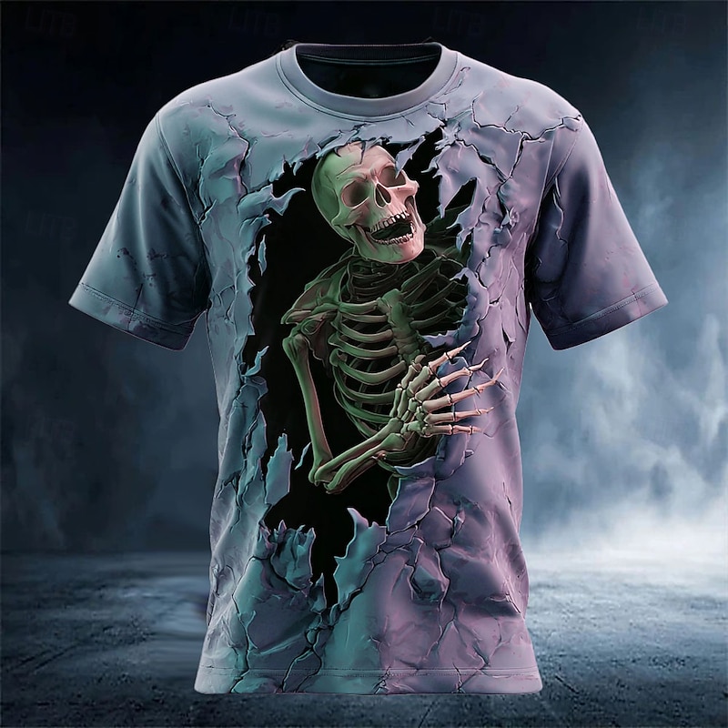 Halloween Men's Skull Optical Illusion 3D T Shirt Short Sleeve T shirt 3D Print Crew Neck Shirt Exaggerated Designer Horror Party Street Holiday Purple Green Khaki Summer Spring All Seasons Clothing3
