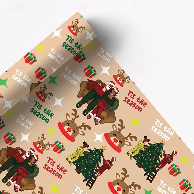 Santa Claus Wrapping Paper Red & Green Holiday Design with Santa, Reindeer, Snowflake, Vibrant Print Premium Paper for Festive Present Wrapping & Party Decorations4
