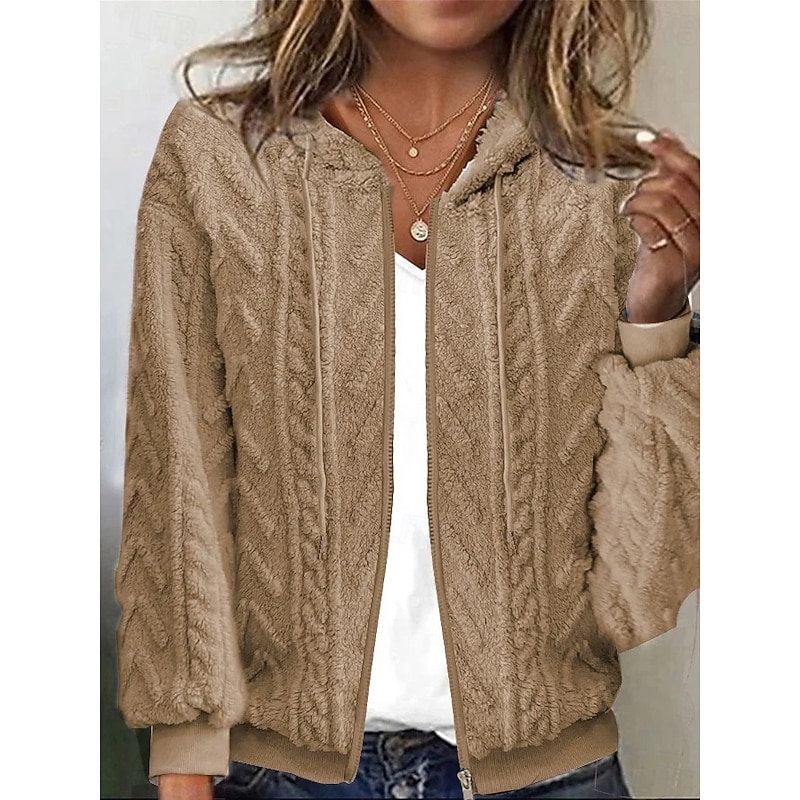 Women's Winter Coat Comfortable Breathable Jacquard Zipper Textured Casual Plain Office Street Casual Daily Wear Zipper Regular Hooded Loose Fit Long Sleeve Outerwear Pink Blue Khaki Spring Fall2