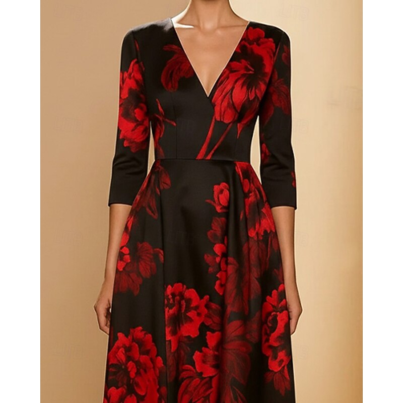 A-Line Cocktail Dresses Elegant Formal Dress Formal Wedding Tea Length 3/4 Length Sleeve V Neck Satin with Floral Print 20252