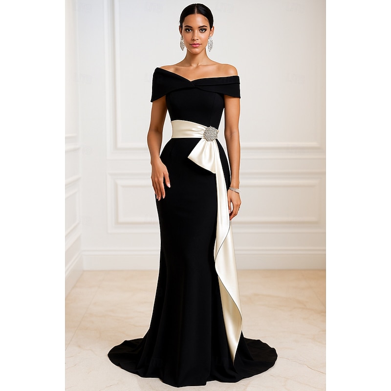 Black and White Mermaid Evening Gown Elegant Dress Formal Wedding Guest Floor Length Short Sleeve Off Shoulder Stretch Crepe with Ruched Ruffles