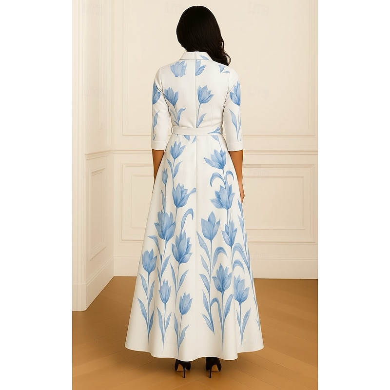 A-Line Mother of the Bride Dress Formal Shirt Dress Elegant Shirt Collar Floor Length Satin 3/4 Length Sleeve with Bow(s) and Print4