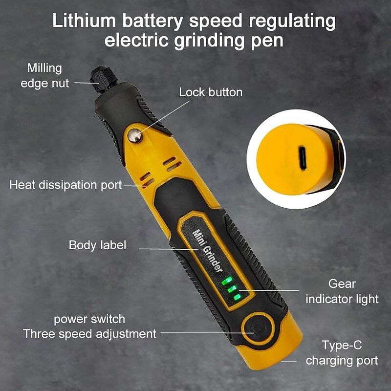 Mini Electric Grinder Pen, 3 Adjustable Speeds, USB Rechargeable, Jade Carving Tool Kit for Wood, Metal, Glass, Engraving, Polishing and DIY with 572