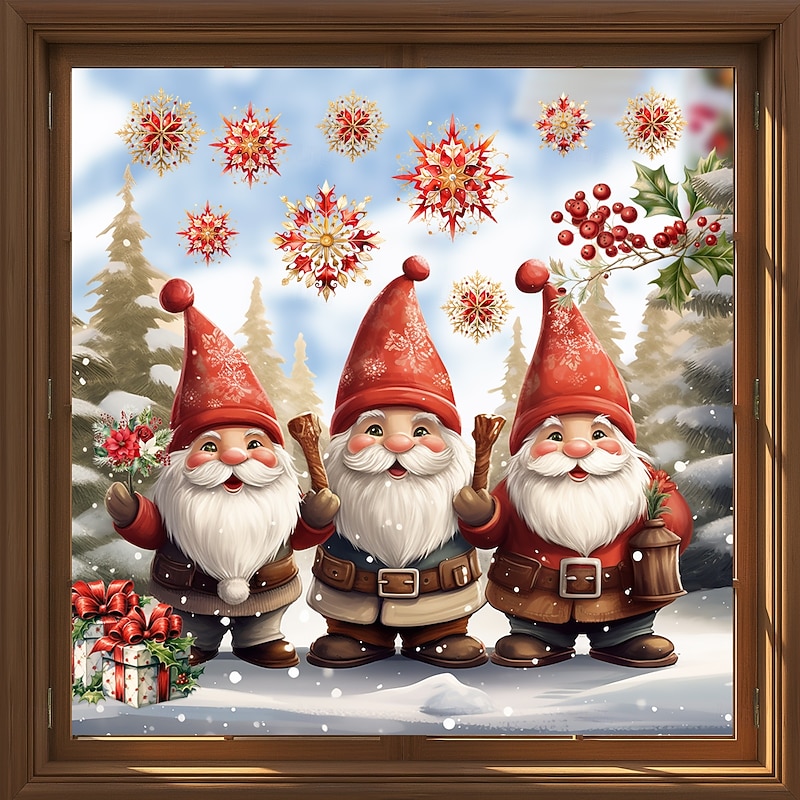 Christmas Sticker Wall Decals Cartoon Creative Gnome Snowflake Gift Box Removable Vinyl Mural Holiday Party Glass Window Door Background Decoration For Home2