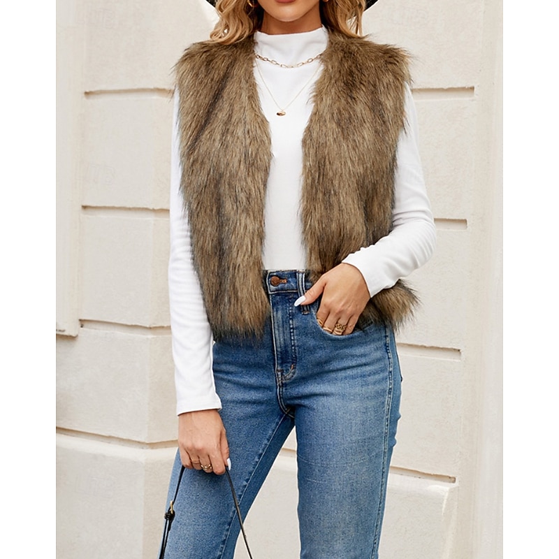 Women's Vest Faux Fur Coat Comfortable Furs & Leathers Fashion Plain Vacation Street Daily Wear Going out Regular V Neck Regular Fit Sleeveless Outerwear Black White Yellow Fall Winter