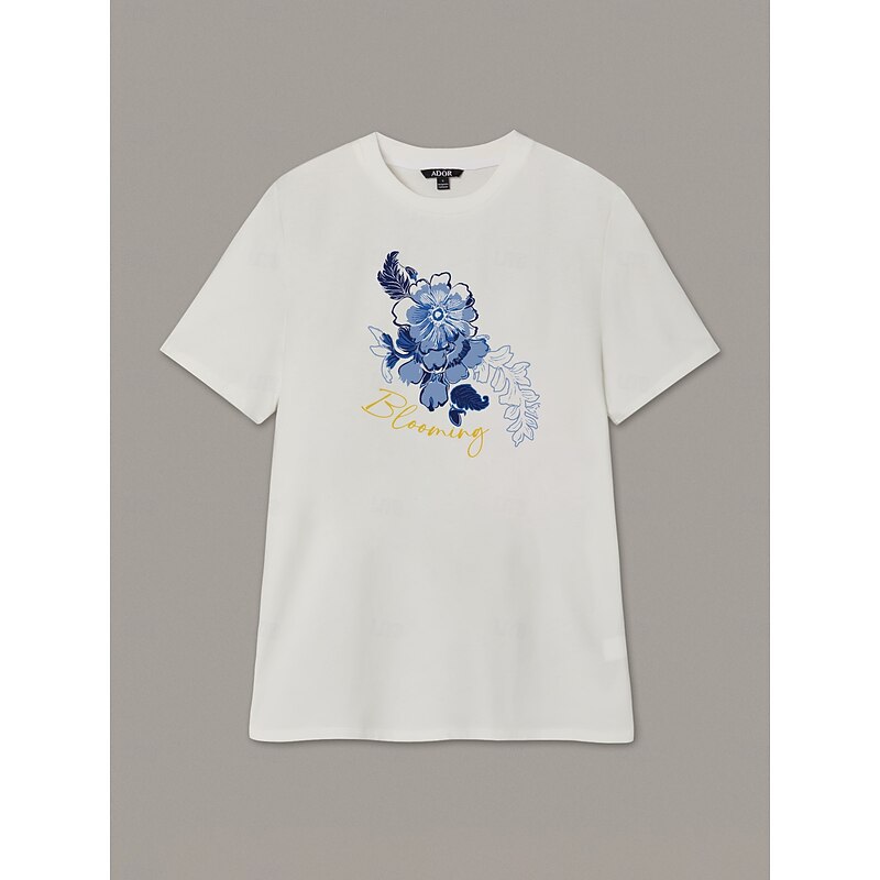 Women's Cotton Floral Graphic Print T Shirt White Short Sleeve Casual Crew Neck Top for Everyday Wear3