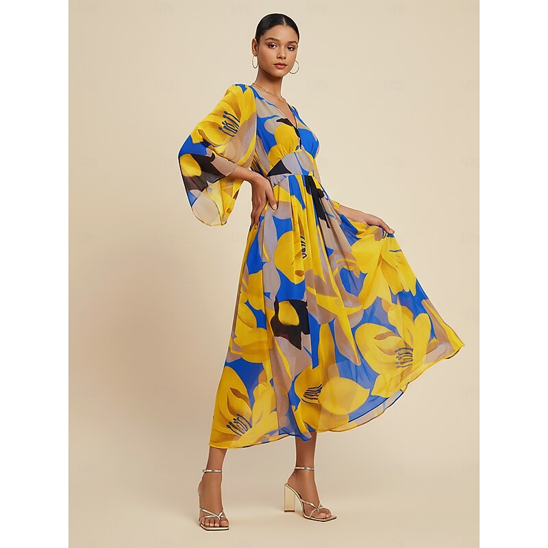 Women's Maxi Dress Chiffon Abstract Floral Print Sheer Flowing Casual Vacation Travel Resort Spring Summer Fall4