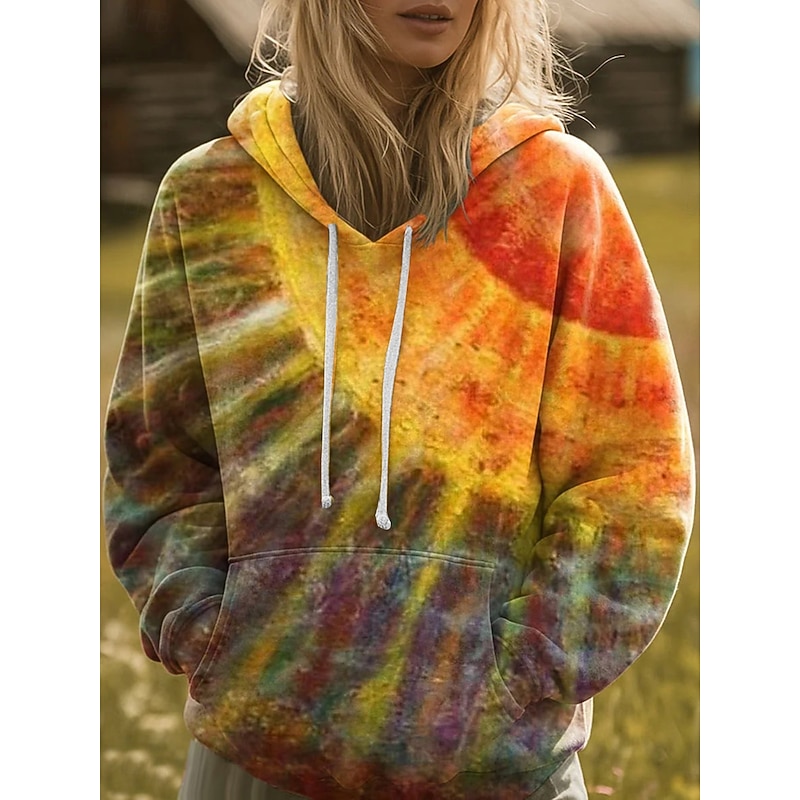 Women's Pullover Hoodie Sweatshirt Graphic Geometric Casual Boho Long Sleeve Hooded Regular Tops Street Dailywear Print Front Pocket Red Light Purple Purple Orange Green Fall Winter
