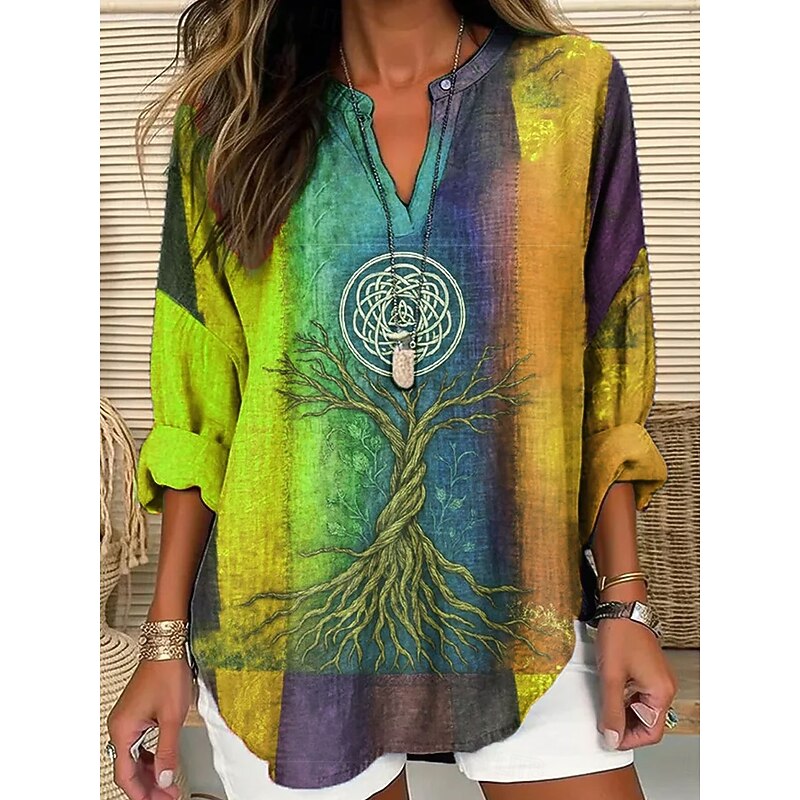 Women's Blouse Graphic Geometric Color Gradient Vintage Tropical Hawaiian Long Sleeve V Neck Regular Tops Daily Holiday Beach Wear Print Yellow Red Blue Purple Spring Fall Winter4