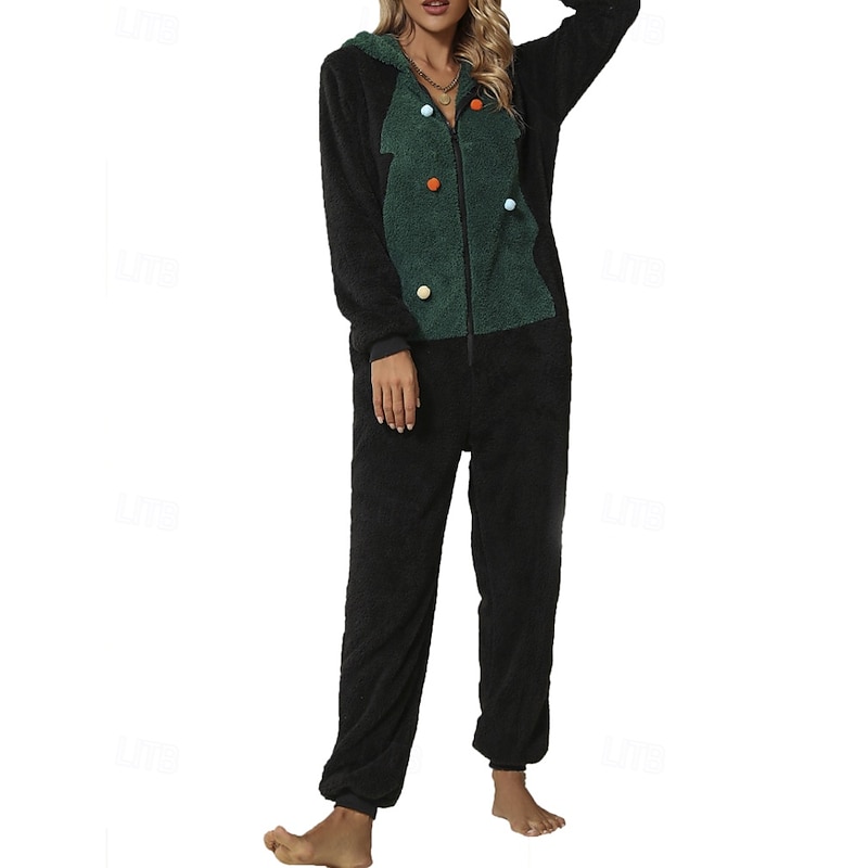 Women's Normal Jumpsuit Streetwear Color Block Long Sleeve Hooded Zipper Pocket Christmas Vacation Regular Fit Green Fall4