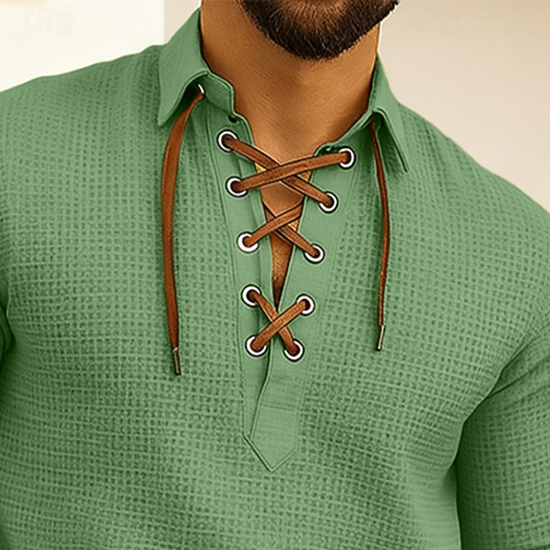 Men's Shirt Summer Shirt Casual Shirt Button Up Shirt Waffle Knit Shirt Black Pink Blue Green Long Sleeve Plain Lapel Vacation Casual Drawstring Clothing Apparel Fashion Casual Comfortable3