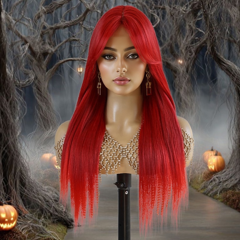 Synthetic Wig Straight Natural Straight Middle Part Neat Bang Wig 24 inch Red / Green Synthetic Hair 24 inch Women's Cute Soft Comfy Red2