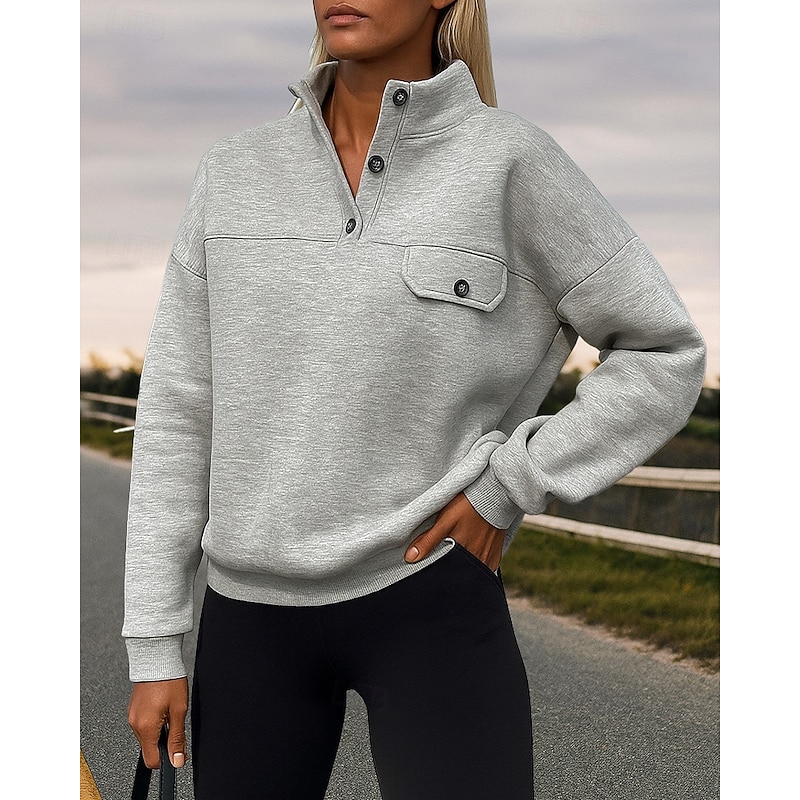 Women's Pullover Sweatshirt Lounge Top Buttons Long Sleeve Top Athleisure Solid Colored Windproof Warm Hiking Travel Vacation Sportswear Activewear Grey