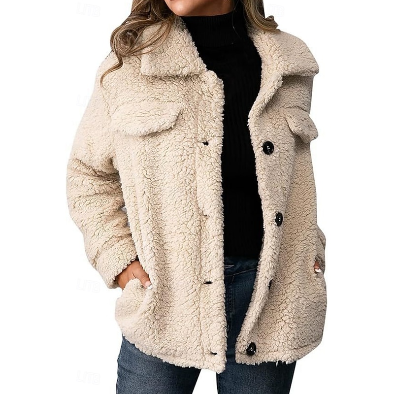 Women's Sherpa Jacket Comfortable Breathable Pocket Buttons Casual Plain Vacation Street Casual Daily Wear Single Breasted Short Turndown Regular Fit Long Sleeve Outerwear Khaki Army Green Dark Gray
