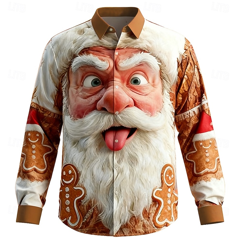 Christmas Men's Santa Claus funny christmas Gingerbread Man Shirt Button Up Shirt Long Sleeve Funny Outdoor Holiday Spring Fall Turndown 3D Print Collared Shirts Khaki Khaki / White2